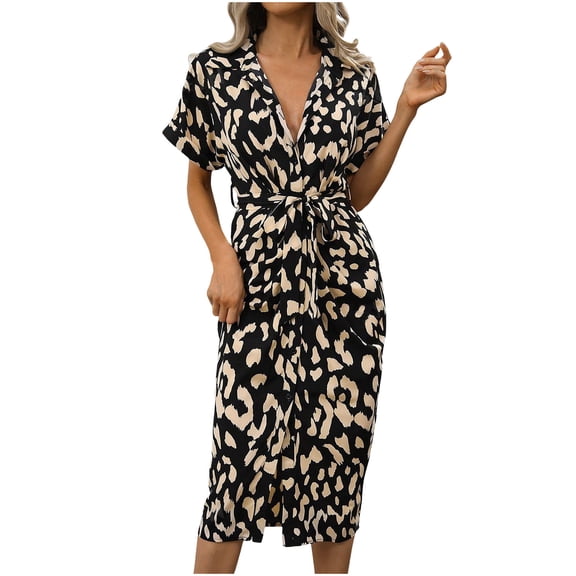 THDHVS Summer Dresses for Women 2025,Plus Size Dresses,Women's V-neck Short Floral Short Sleeve Dress with Short Sleeve Collar Black 2XL