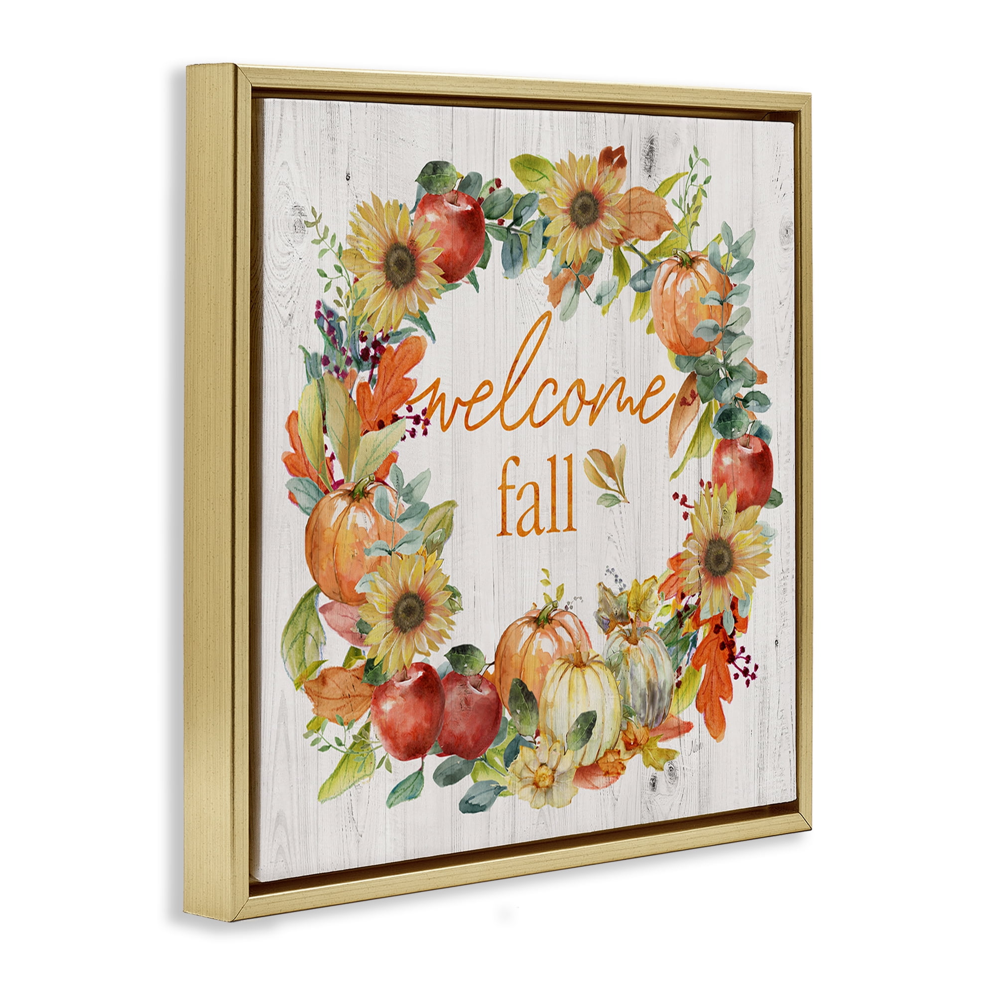 Stupell Industries Welcome Fall Pumpkin Wreath Botanical & Floral Painting Gold Floater Framed Canvas Art Prints Wall Art, 25 x 25