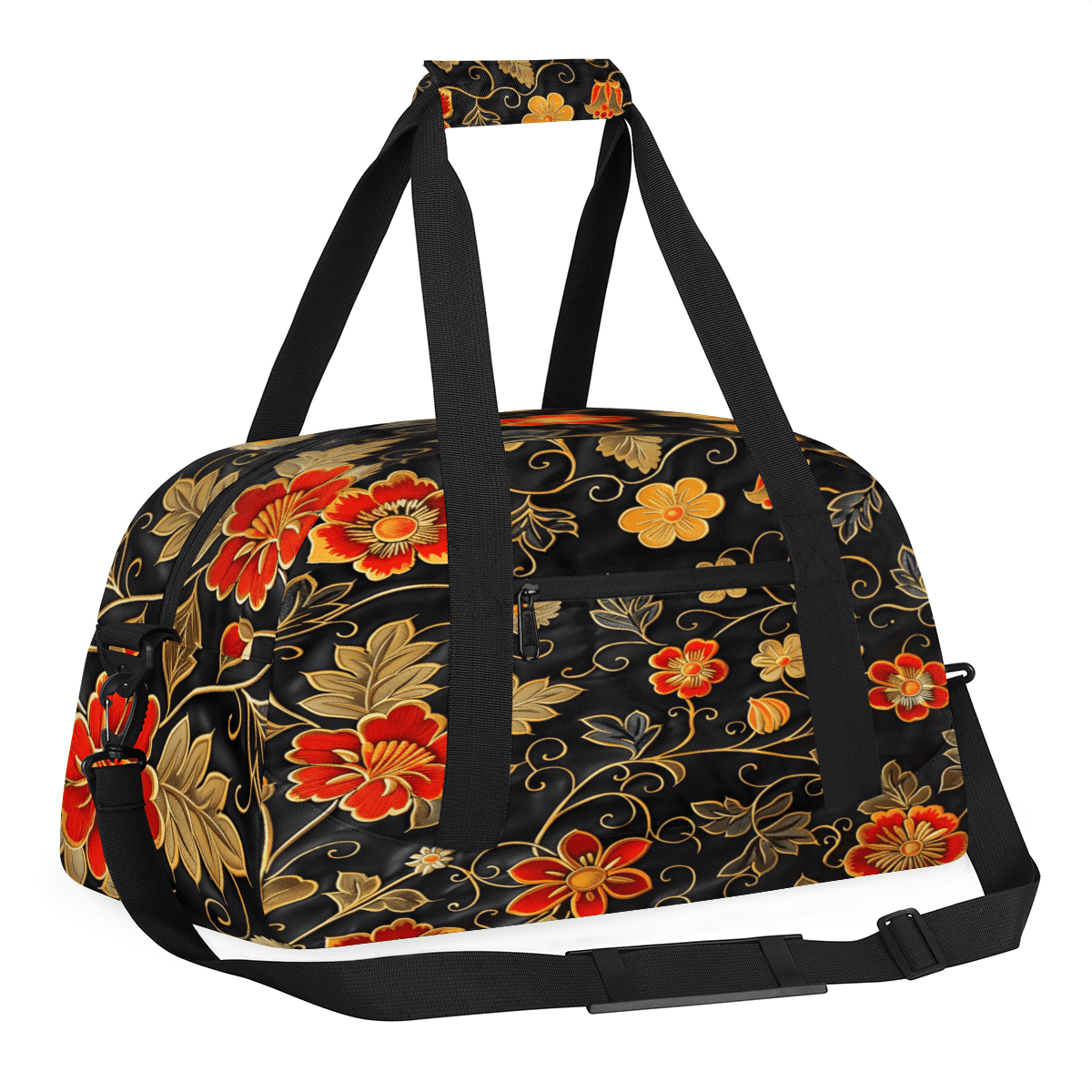 Herdesigns Gold Red Flowers Sports Duffle Bag for Women & Men, Retro Floral Gym Bag Dance Bag Overnight Bag Carry On Weekender Travel Bag