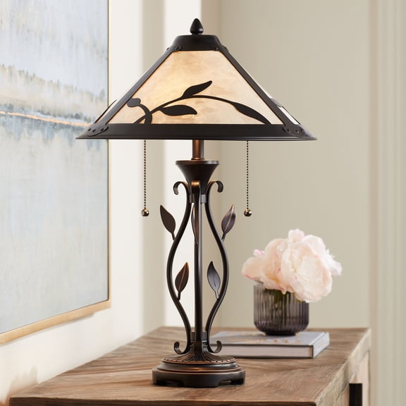 Franklin Iron Works Feuille Country Cottage Table Lamp 23 3/4" High Metal Openwork Leaf with Table Top Dimmer Mica Shade for Bedroom Living Room House