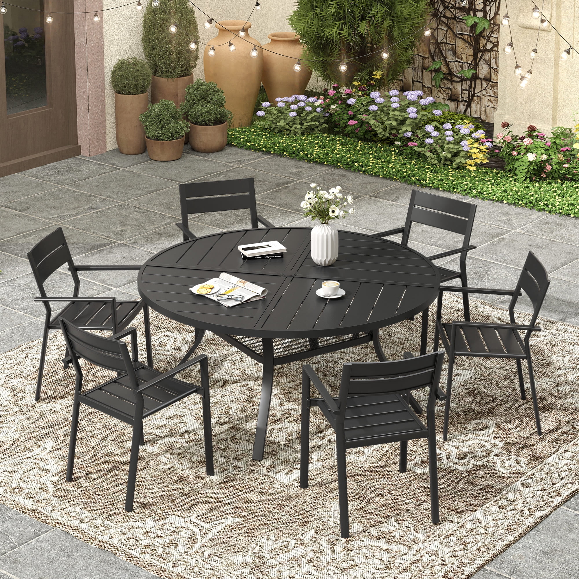 Vicllax Outdoor Patio Dining Chairs Set of 6, Stackable metal chairs with All-Weather Steel Metal Frame for Yard Deck Poolside Porch, Black