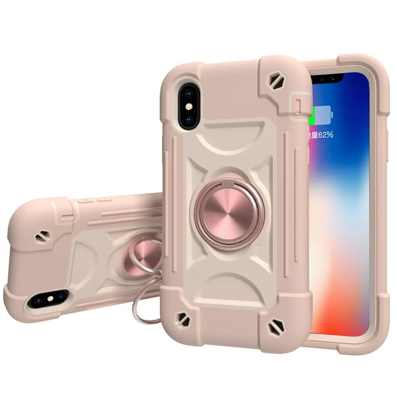 iPhone XR Case with 360° Rotating Metal Ring Kickstand Holder [Work with Magnetic Car Mount], Allytech Heavy Duty PC & Silicone Anti-Scratch Impact Resistant Case for iPhone xr, Rosegold