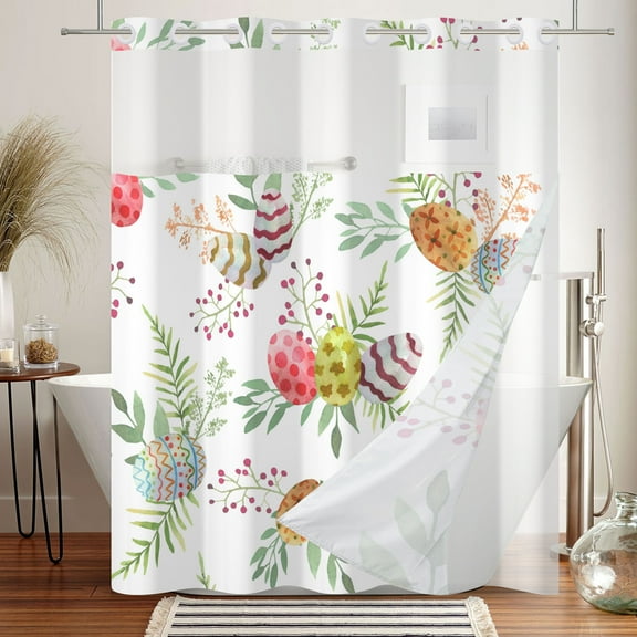 Mizhona Easter Shower Curtains with Snap in Liner,Spring Plants No Hook Bath Curtain,71"× 74"