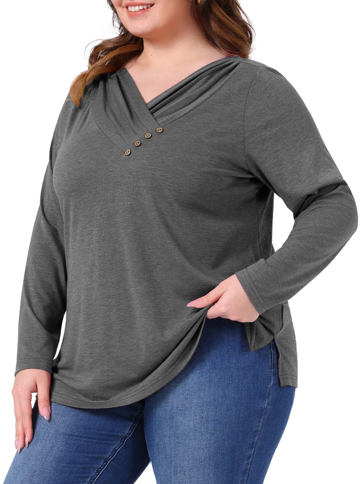 DARING DIVA Women's Plus V Neck Button Fall Pullover Shirt Loose Blouse 1X Grey