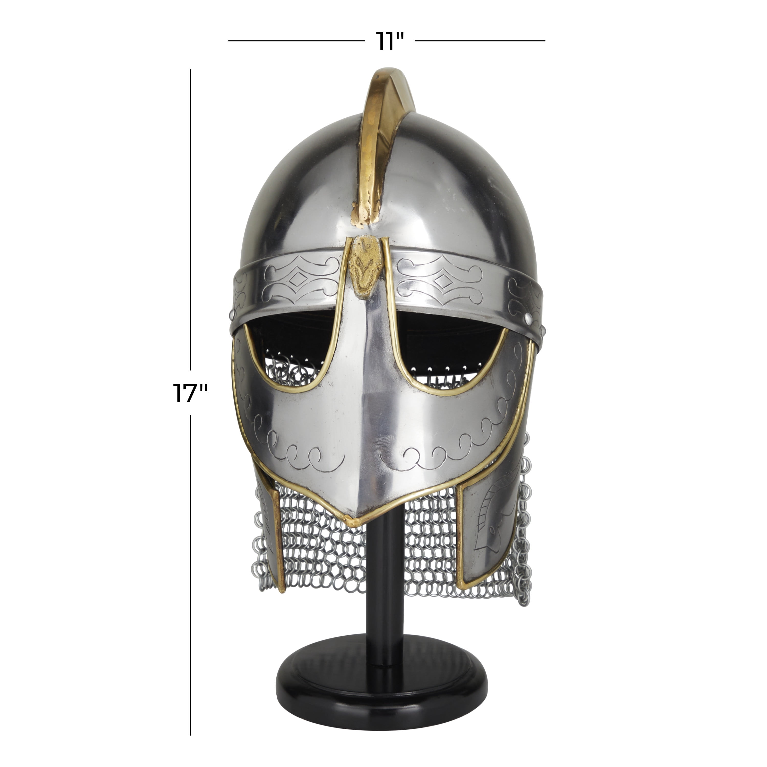 17" Silver Metal Replica Medieval Knight Crusader Helmet with Black Wood Stand and Chainmail, by DecMode