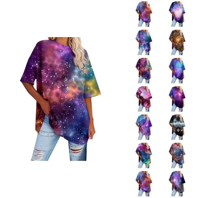 Galaxy T-Shirts pour Femmes 2026 Mode Été Manches Courtes Col Rond Étoile Ciel Espace T-Shirts Graphiques