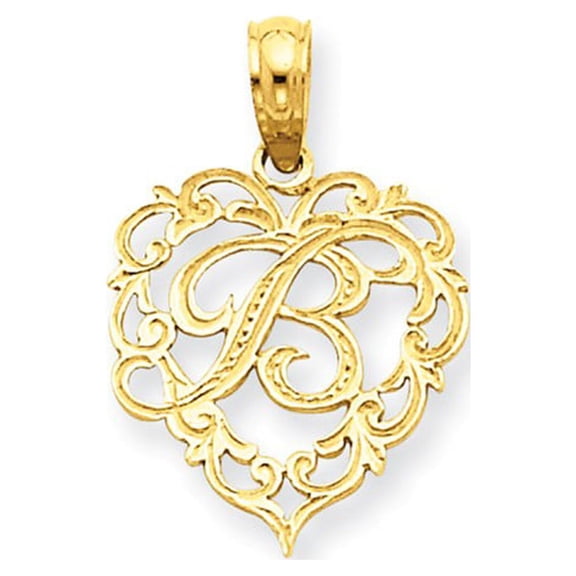 14K Yellow Gold Heart Shape Fancy Script Letter B Initial Charm Pendant