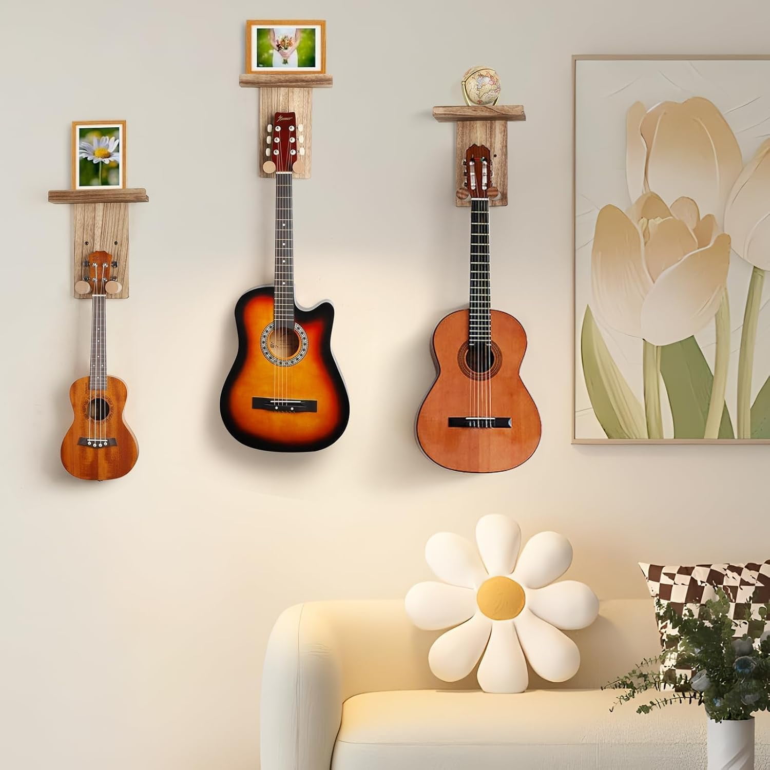 SONGAUN Guitar Wall Mount with Shelf,2Pack Wooden Guitar Holder Hanger Hook Multifunctional Rack Bracket Stand Easy Install for Electric Guitar Bass Acoustic Ukulele Violin Mandolin