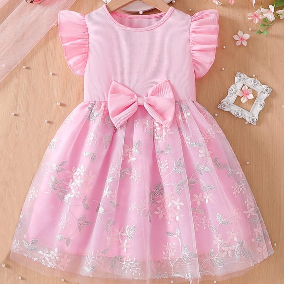 HOMADLES Toddler Girls Dress Crewneck Mesh Breathable Summer Short Sleeve Stretch Princess Dress Dress A Pink 5-6T