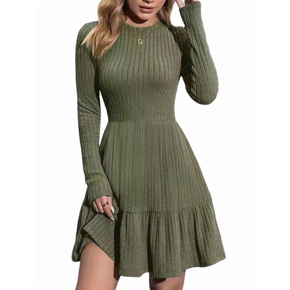 Katigan Womens Long Sleeve Fall Dresses with Flowy Casual Ribbed Knit Crew Neck Knee Length Sweater Dress Army Green M