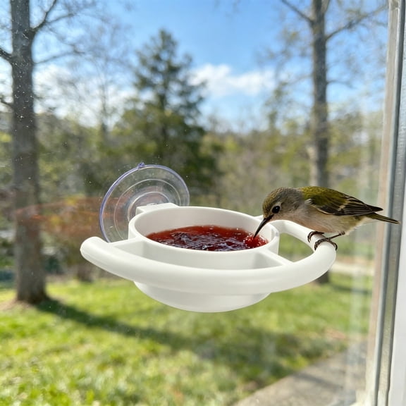 YAMB Window Suction Cup Bird Feeder, Windproof & Rainproof Strong Adsorption Outdoor Feeding Tray, Easy-fill & Wash Bird Food Container for Indoor Bird Watching & Bird Lovers, White