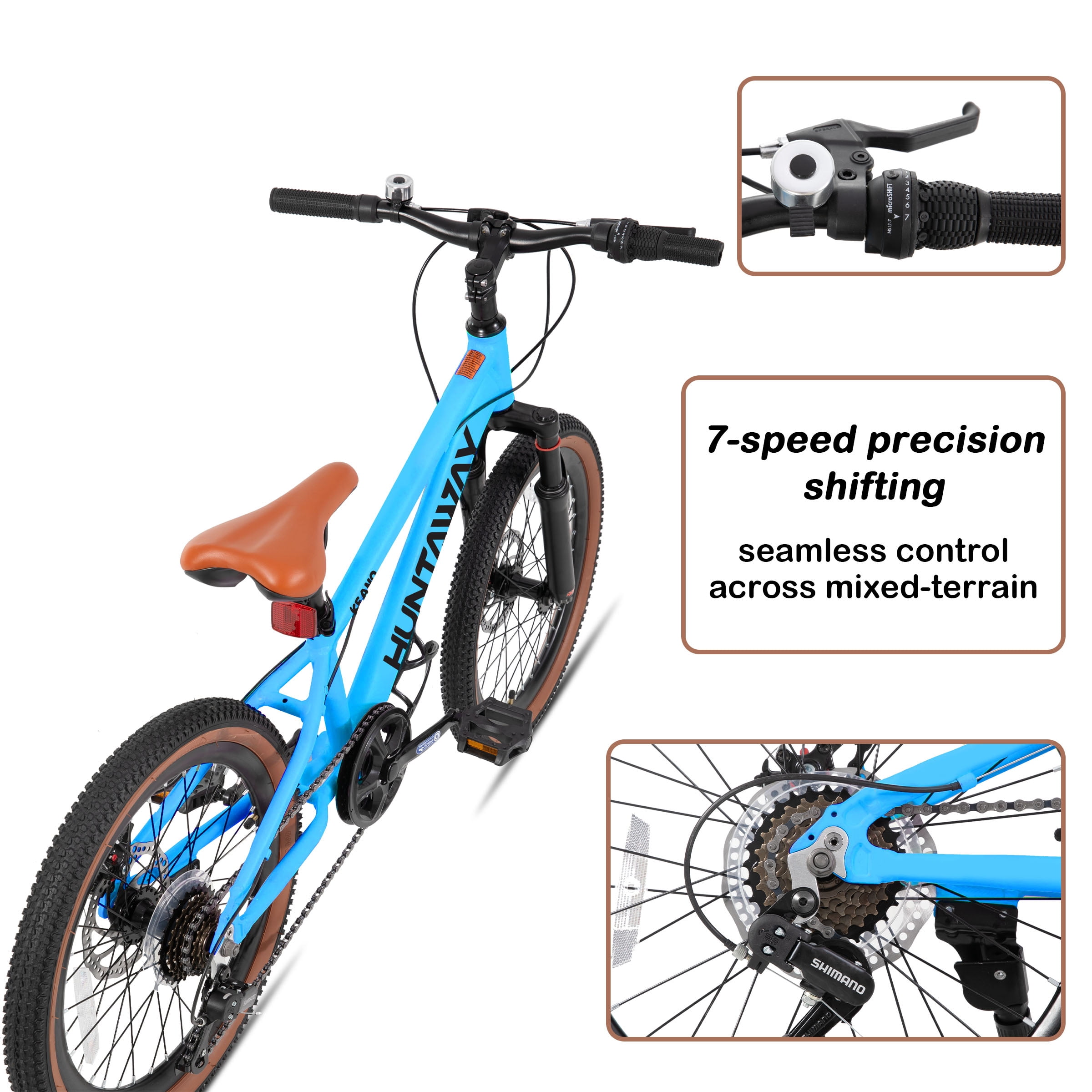 KEANO Huntaway 20 Inch Kids Mountain Bike for Boys Girls Ages 7-10, 7-Speed Kid Bicycle with Lightweight Alloy Frame, Dual Disc Brakes, Blue