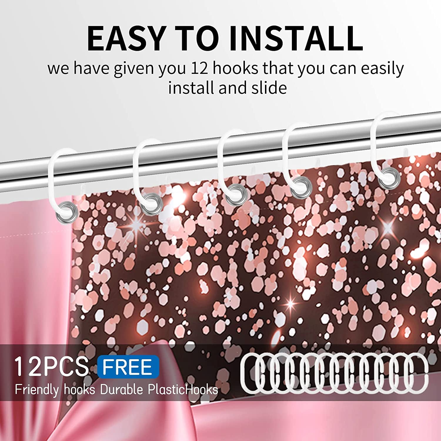 Rose Gold Glitter Bling Shower Curtain,Pink Bow Shower Curtain Bathroom Decor for Women Girl with 12 Hooks Christmas Birthday Elements Washable Durable Polyester Fabric 72x72 Inches