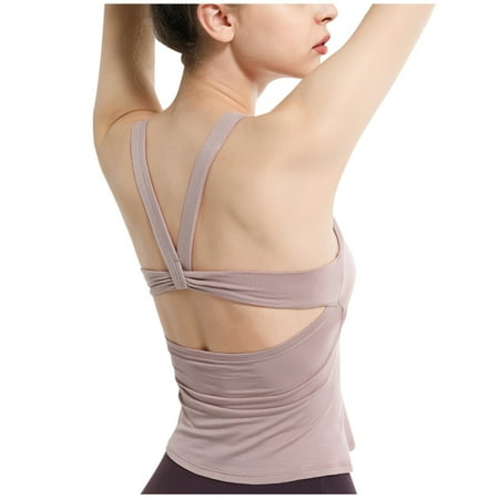 Mrat Bra Tank Tops Women s Solid Round Neck Casual Sports Tank Sleeveless Backless Tops Yoga Women s Clothing Compression Tank Tops for Women S-356 Pink-A S