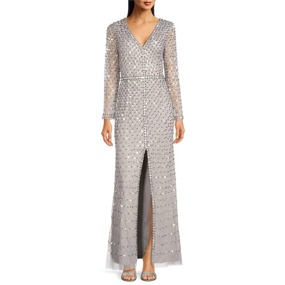 Aidan Mattox Sequined V-neck long sleeve slit front zipper back mesh gown-SILVER / 0