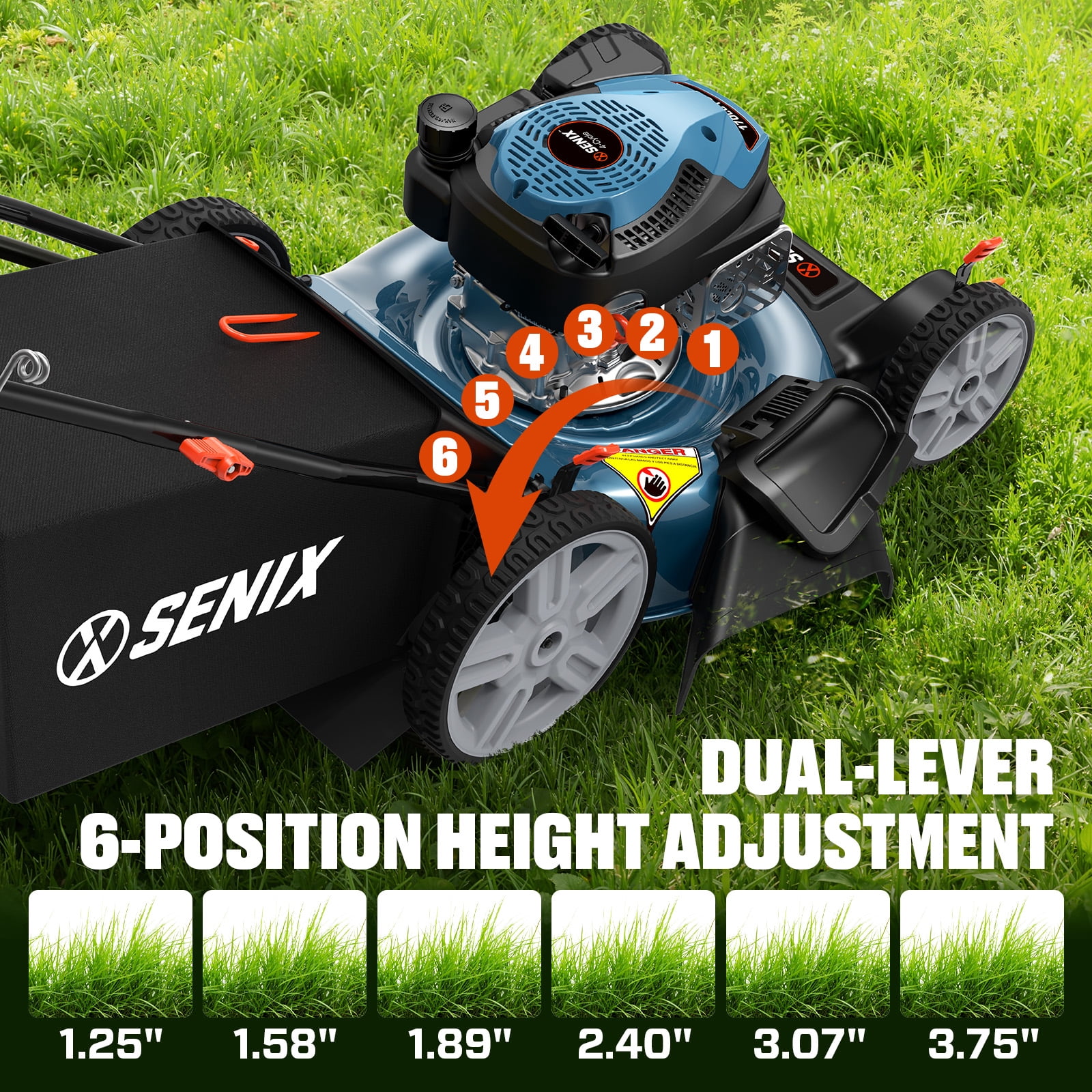 SENIX Gas Lawn Mower 21in Cutting Blade 22in Cutting Deck, 144cc 4-Cycle Engine, 3-In-1, 6-Height Adjustment, 11" Rear Wheels, LSPG-M14