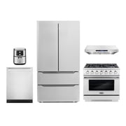 5 Piece Kitchen Package with 36" Freestanding Gas Range 36" Under Cabinet Range Hood 24" Built-in Fully Integrated Dishwasher French Door Refrigerator & 5.5L Electric Hot Air Fryer