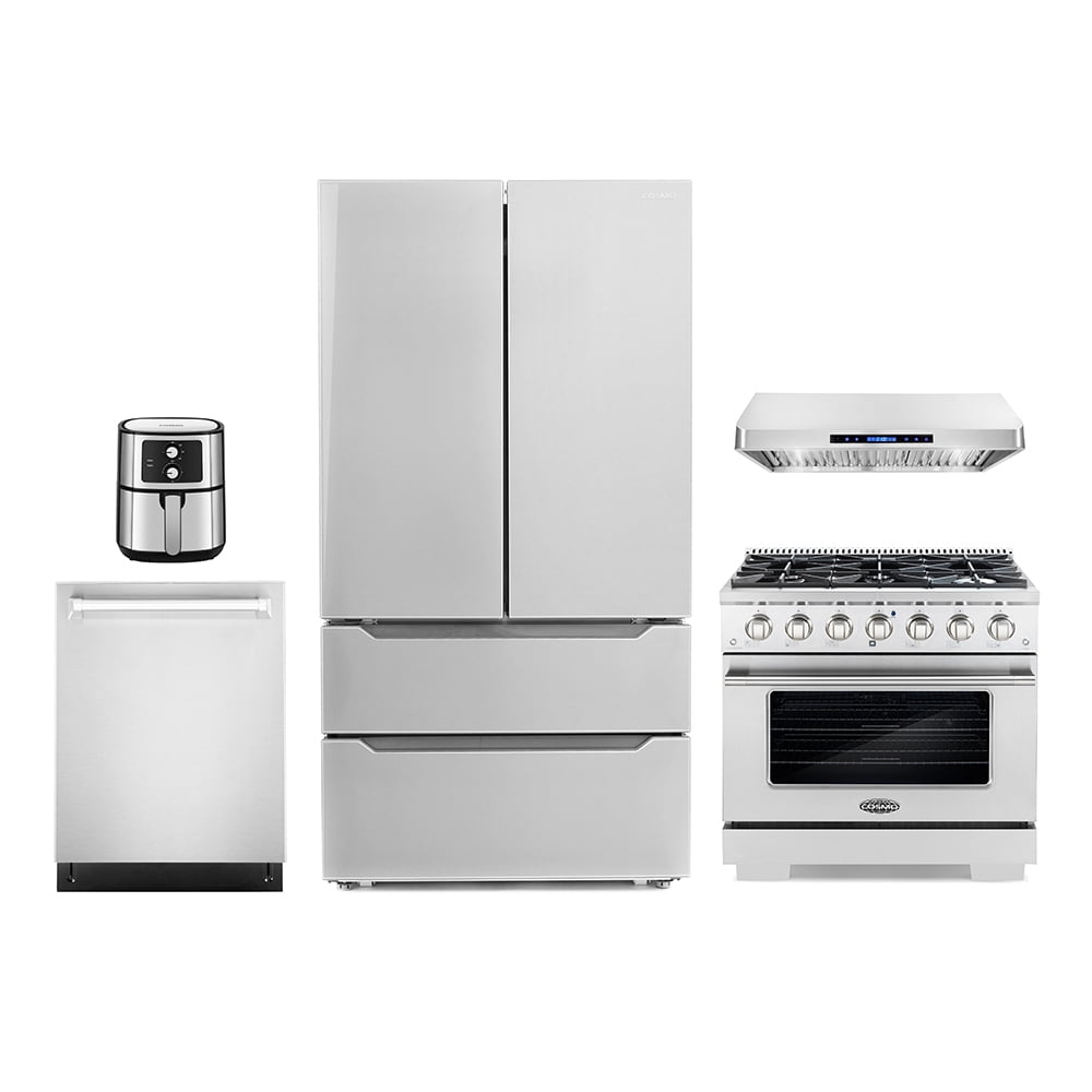 5 Piece Kitchen Package with 36" Freestanding Gas Range 36" Under Cabinet Range Hood 24" Built-in Fully Integrated Dishwasher French Door Refrigerator & 5.5L Electric Hot Air Fryer