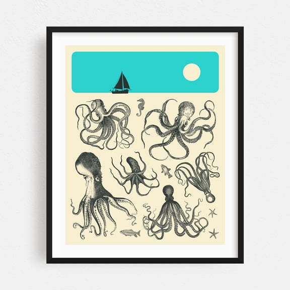 Tentacles - Mixed Media Marine Life Nautical Aquatic Sailboat Vintage Illustration Black Framed Wall Art Print 11 x 14 inches