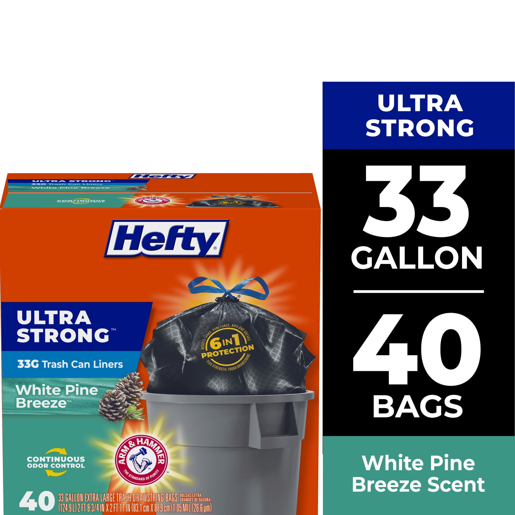 Hefty Ultra Strong 33 Gallon Trash Bags, Large Trash Bags, Black, White Pine Breeze Scent, 40 Bags