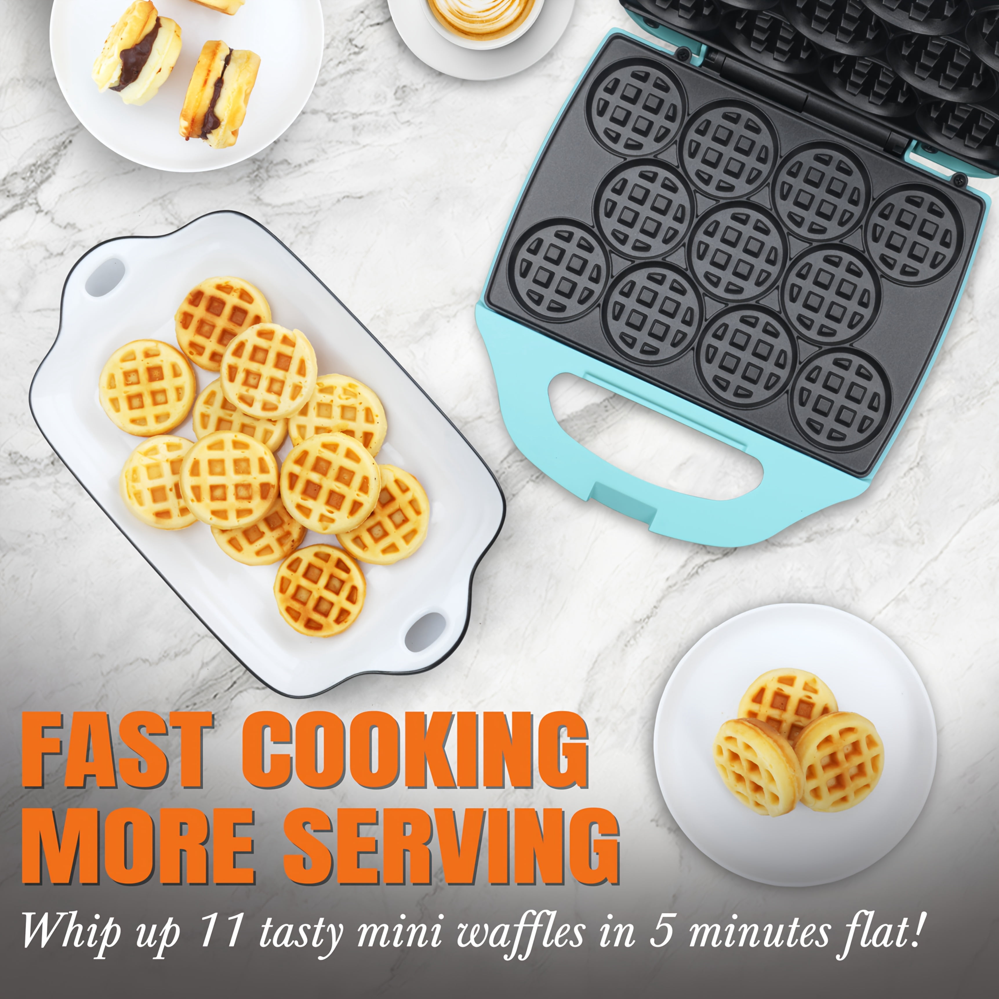 Bite-Size Waffle Maker, Mini Belgian Nonstick Waffle Iron for Kids and Adults, Cute Tiny Waffle Machine, Aqua