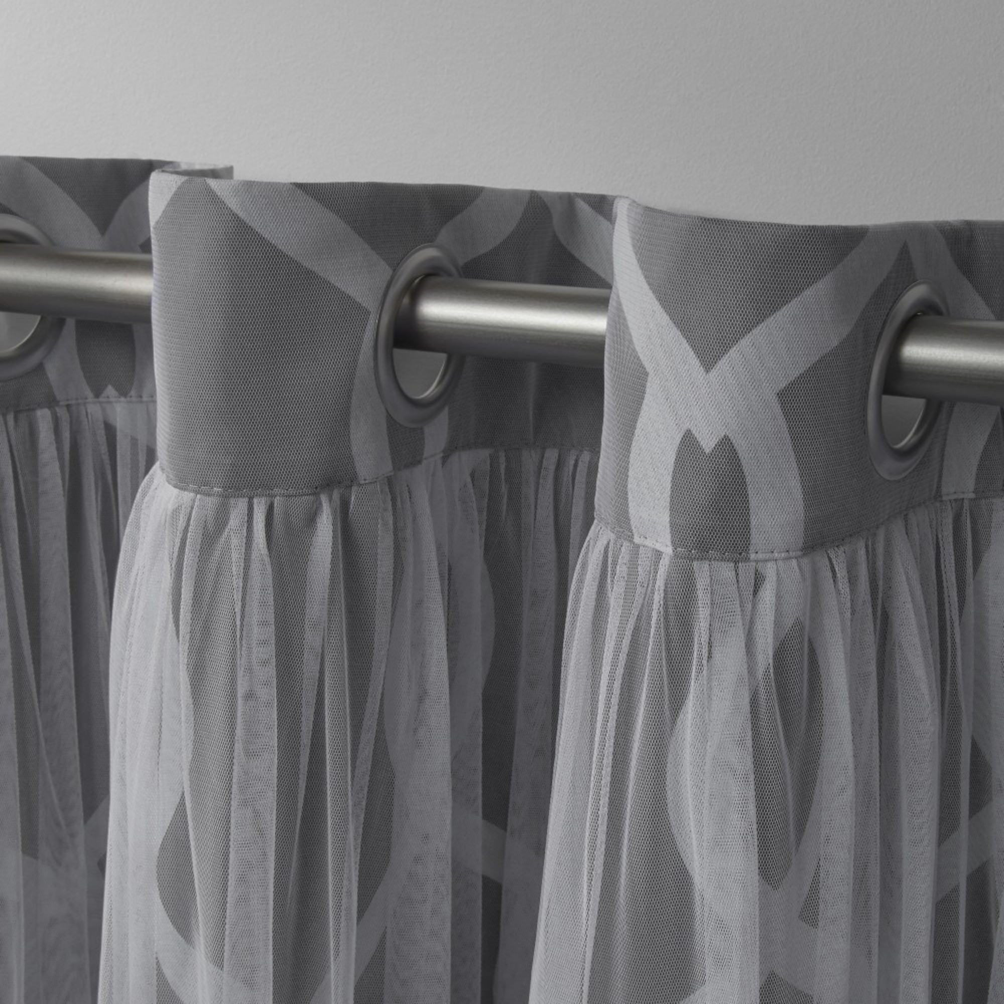 Exclusive Home Curtains 2 Pack Carmela Layered Geometric Blackout and Sheer Grommet Top Curtain Panels, Charcoal, 52x84
