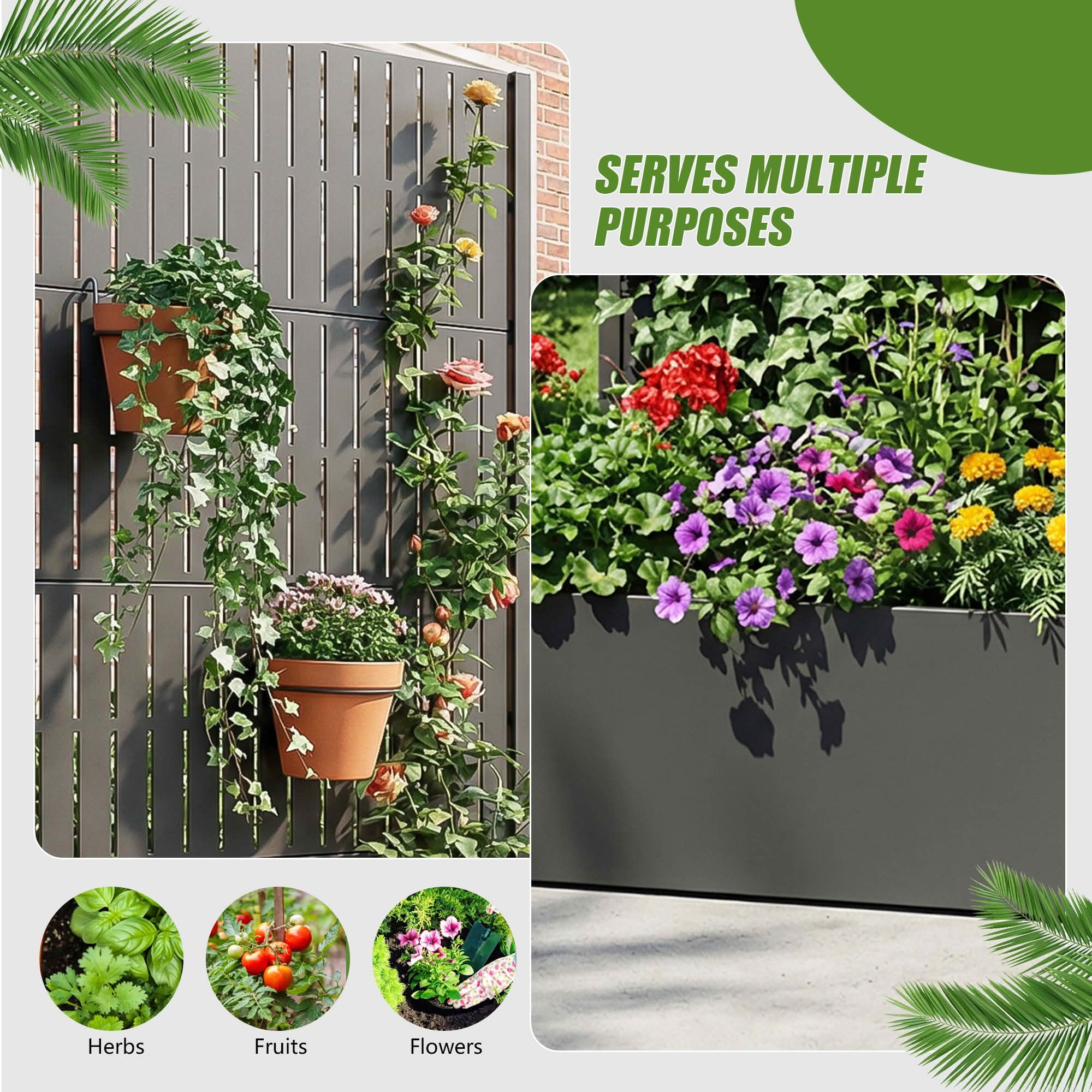 MAYEERTY 59X30" Metal Outdoor Black Privacy Screen with Planter Box for Backyard & Garden, 4 Piece Set, Double‑sided Installation