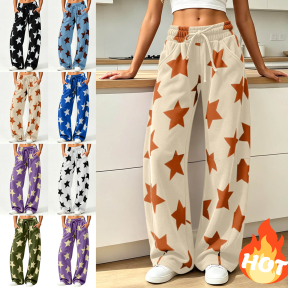 Mifsaly Womens Lounge Sweatpants Star Print High Waisted Baggy Athletic Track Pants Drawstring Casual Streetwear Jogging and Gym Workout Khaki,XL
