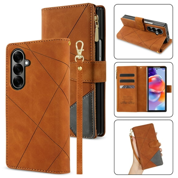 Compatible with Samsung Galaxy Z Fold 7 Wallet Case,[Kickstand] [Wrist Strap] [Card Holder Slots] TPU Interior Protective PU Leather Folio Flip Cover for Samsung Galaxy Z Fold 7 5G, Brown