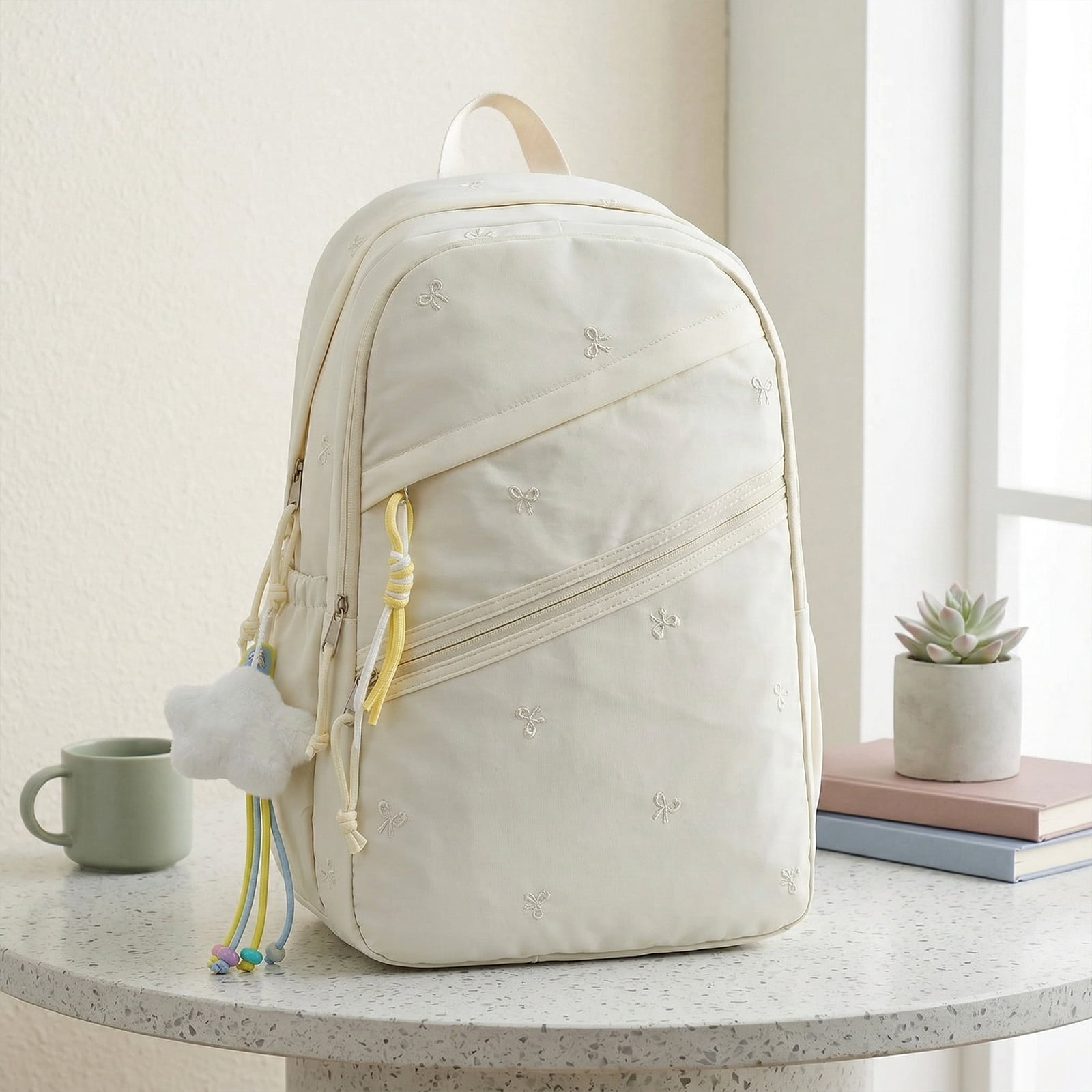 HUISZJ Floral Print School Backpack, Large Capacity Schoolbag with Pendant, Nylon School Backpack for Travel Work Shopping, White