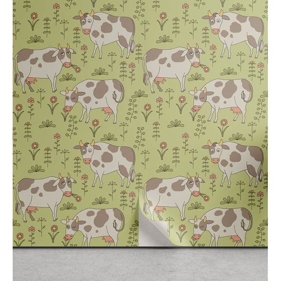 Ambesonne Cattle Peel & Stick Wallpaper for Home, Cheerful Livestock Theme, 13"x100", Multicolor