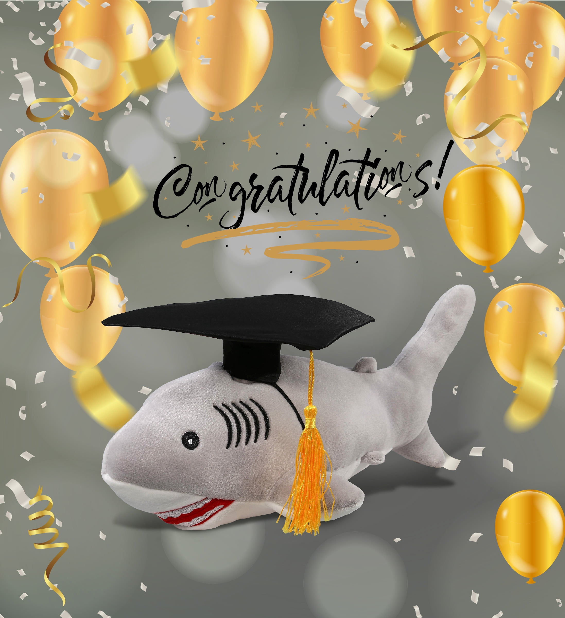 DolliBu Gray Shark Graduation Plush Toy - Baby Soft Plush Graduation Stuffed Animal Dress Up with Graduation Cap with Tassel Outfit - Congratulatory Graduation Gift - 12 Inches