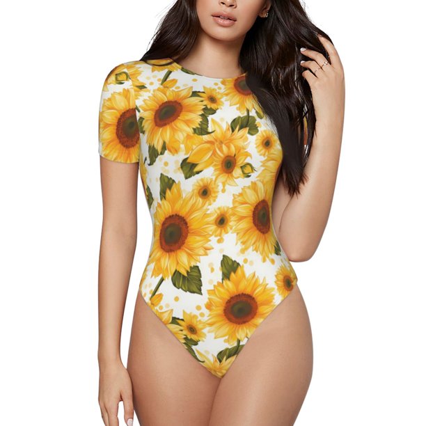 Balery Yellow Polka Dot Sunflower Body de cuello redondo de manga corta para mujer Tops de manga corta Tops básicos-Small