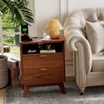 thumbnail image 1 of Ourlova Modern Fluted Nightst& w/ USB Ports Outlets - 2 Drawers + Open Shelf Narrow End Table Bedside Table Night St& w/ Charging Station for Bedroom Living Room Solid Wood Frame Waln, 1 of 7