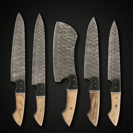 TheBoneEdge 5pc Set Genuine Damascus Steel Handmade Chef Knives Wood & Resin Handle with Leather Cover