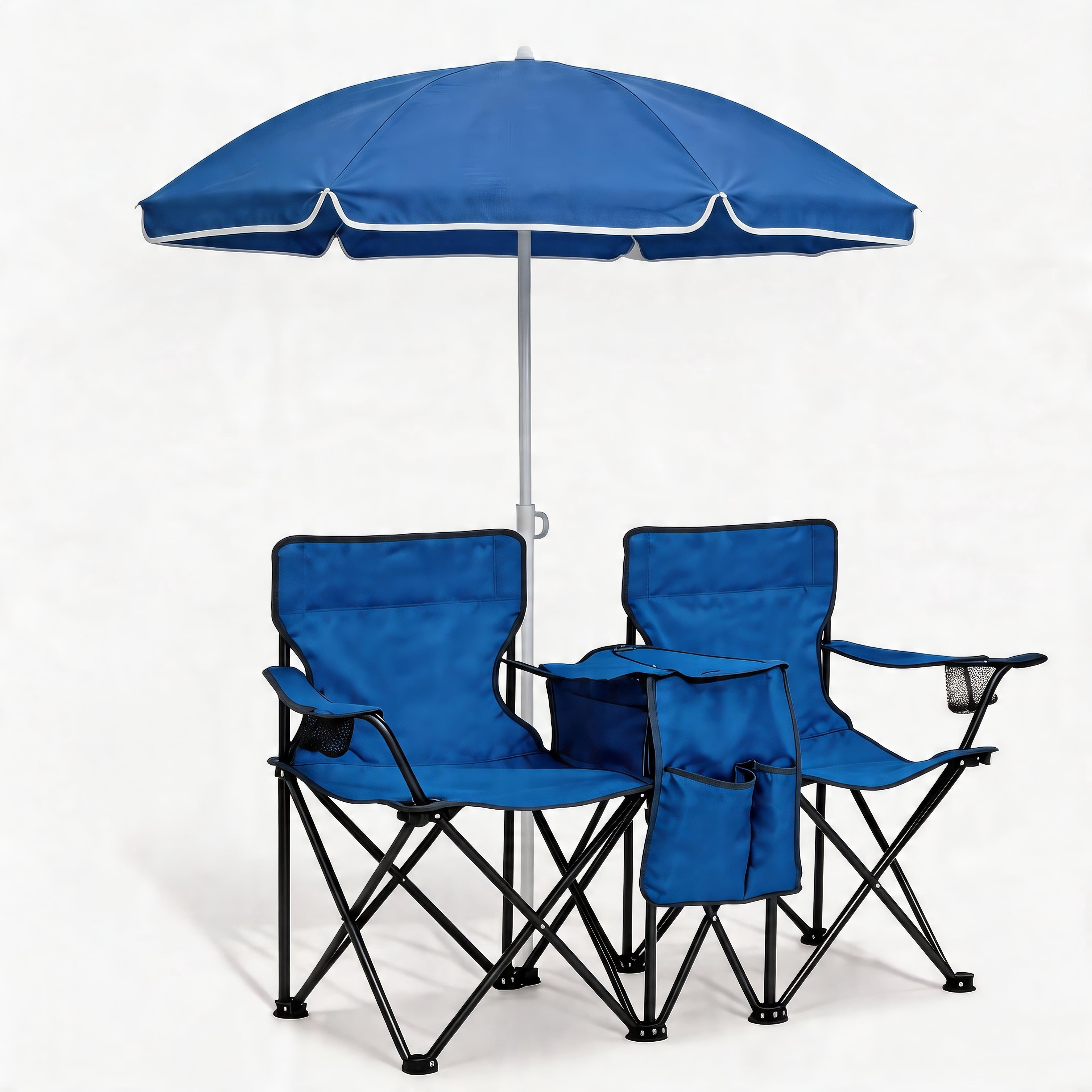 Portable Folding Picnic Chair Set with Umbrella,2-Person Outdoor Camping Chairs with Cup Holders & Cooler Bag, Adjustable Sun Canopy, Heavy Duty Beach Chairs for Patio, Backyard, Travel, Blue