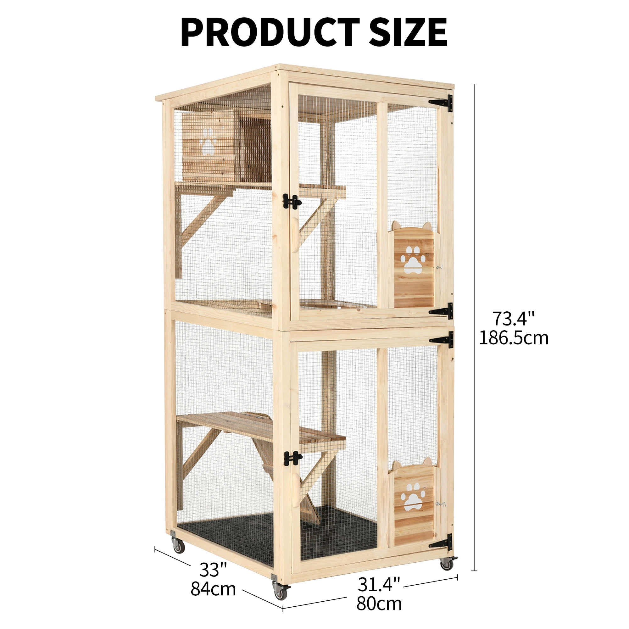 Uforic Catio Outdoor Cat House with Wheels,Wooden Cat Enclosure Resting Box with 4 Platforms, 71 inch Kitten Condo Pets Cage, Brown