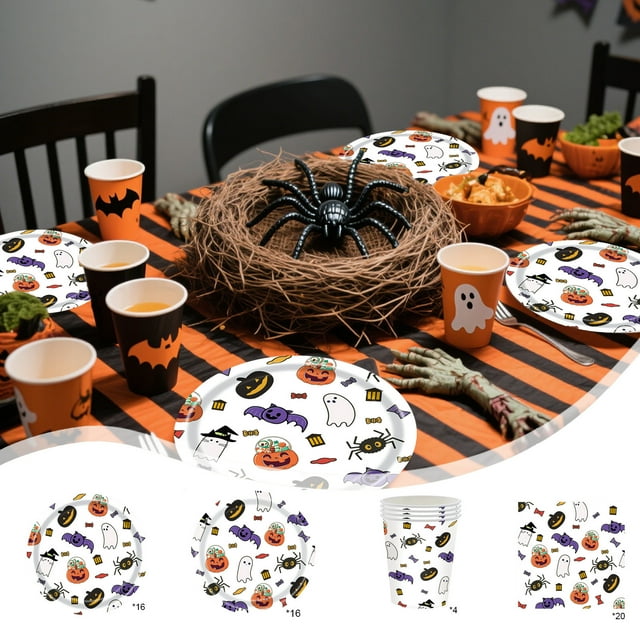 Decoración para Fiestas de Halloween | 16 Vasos de Papel Estampados de Halloween | Multicolor | 7,5 X 8,5 Cm | Fantasmas, Telarañas, Calabazas | Ideal para Fiestas y Catering
