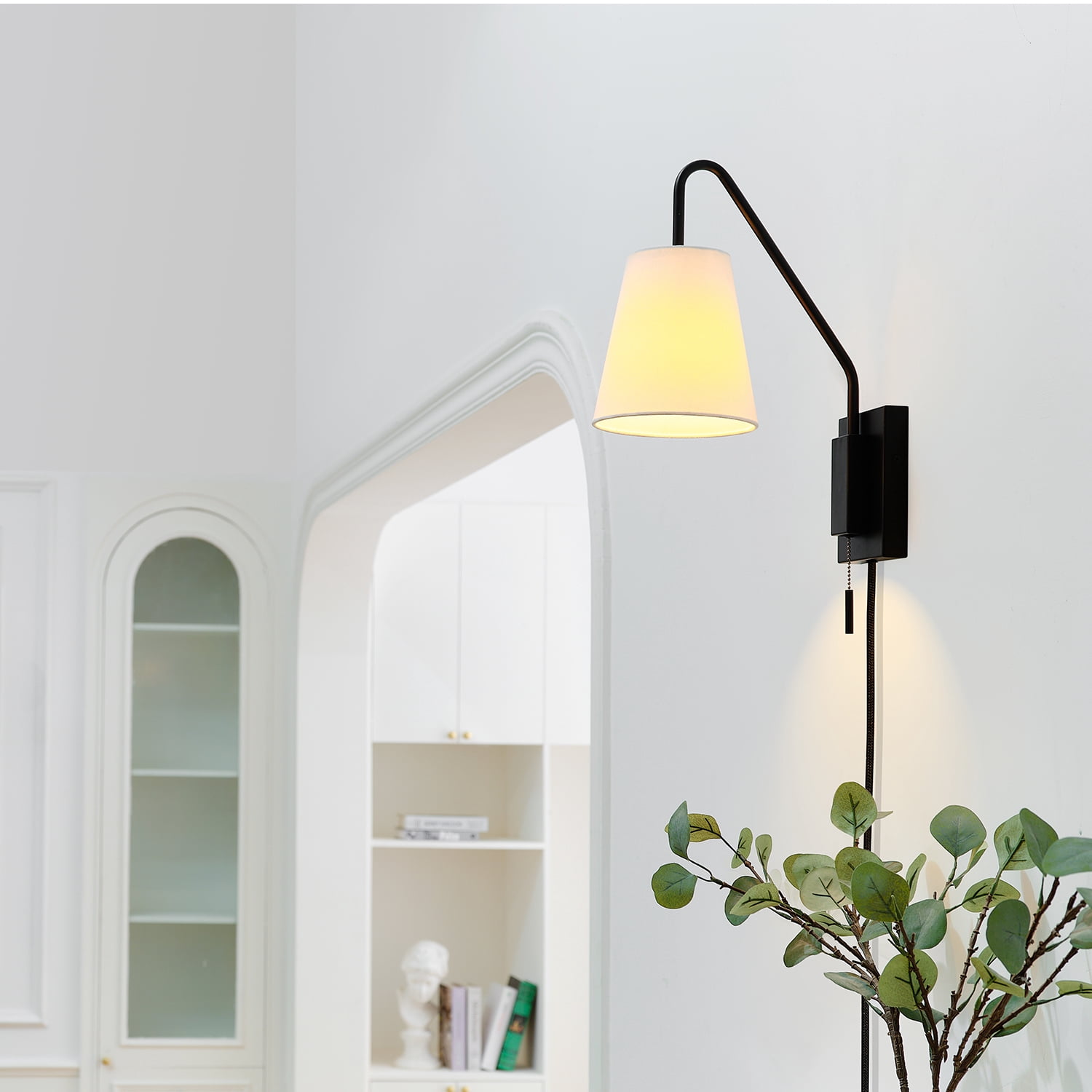 Globe Electric 1-Light Matte Black Plug-in or Hardwire Indoor Wall Sconce, White Fabric Shade