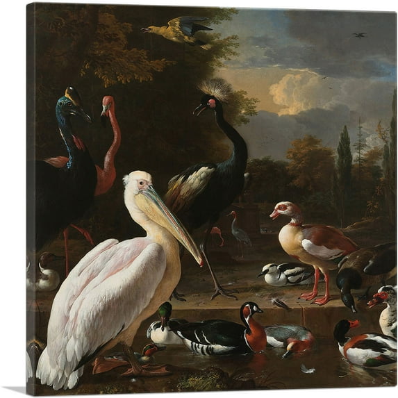 ARTCANVAS A Pelican and Other Birds Near a Pool - The Floating Feather 1680 Canvas Art Print by Melchior d-Hondecoeter - Size: 12" x 12" (1.50" Deep)