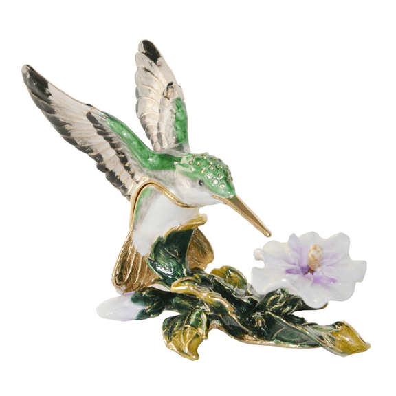Hummingbird at Flower Crystal Bejeweled Trinket Jewelry Box Bird Pewter Figurine Gifts