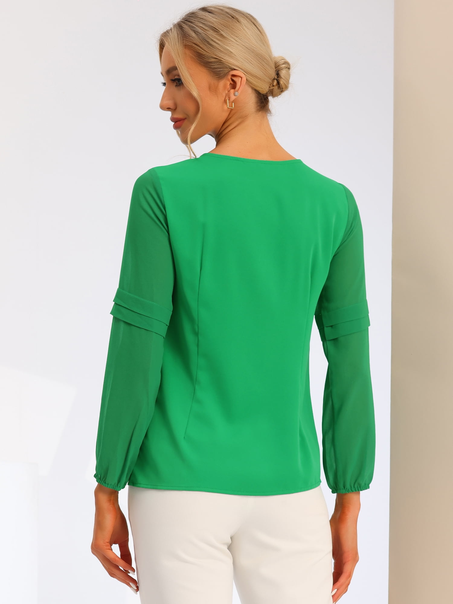 DARING DIVA Chiffon Semi Sheer Long Sleeves Keyhole Neck Blouse M Bright Green