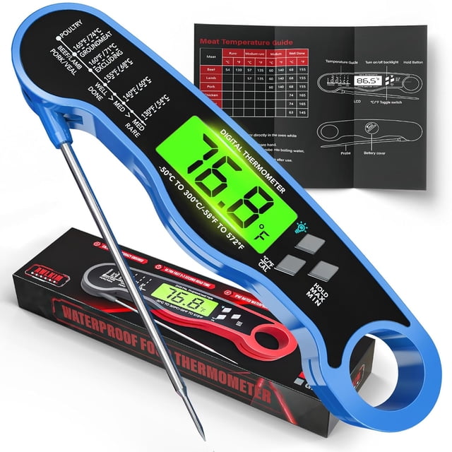 Meat Thermometer Digital - Fast Instant Read Food Thermometer for Cooking, Candy Making, Outside Grill, IP67 Waterproof Kitchen Thermometer with Backlight, Stocking Stuffers for Men - Blue