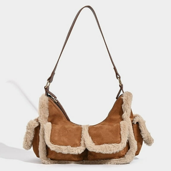 Y2K Vintage Faux Fur Winter Handbag for Women - Retro Splicing Plush Multi - Pocket Underarm & Shoulder Bag
