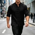thumbnail image 4 of Men Mandarin Collar Frog Button Linen Button Up Shirt, 3/4 Sleeve Loose Casual Top with Pockets for Summer Vacation Daily Wear Black XL, 4 of 9