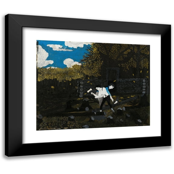 Horace Pippin 14x12 Black Modern Framed Museum Art Print Titled - Abraham Lincoln and His Father Building Their Cabin on Pigeon Creek (C. 1934)