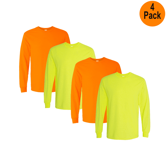 Gildan Heavy Cotton Men's Hi Vis Long Sleeve T-Shirt, Safety Green and Orange, S, 4 Pack