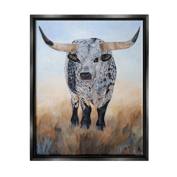 Stupell Rural Longhorn Cattle Animal Animals & Insects Painting Black Floater Framed Art Print Wall Art