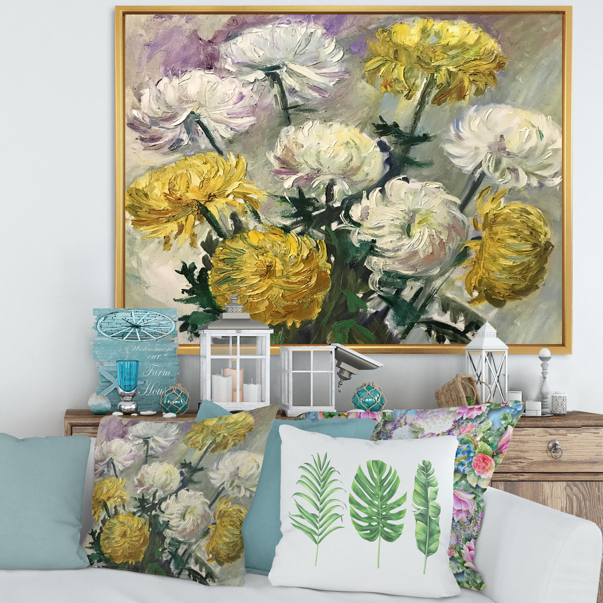 Golden and White Daisies 20 in x 12 in Framed Painting Canvas Art Print, by Designart