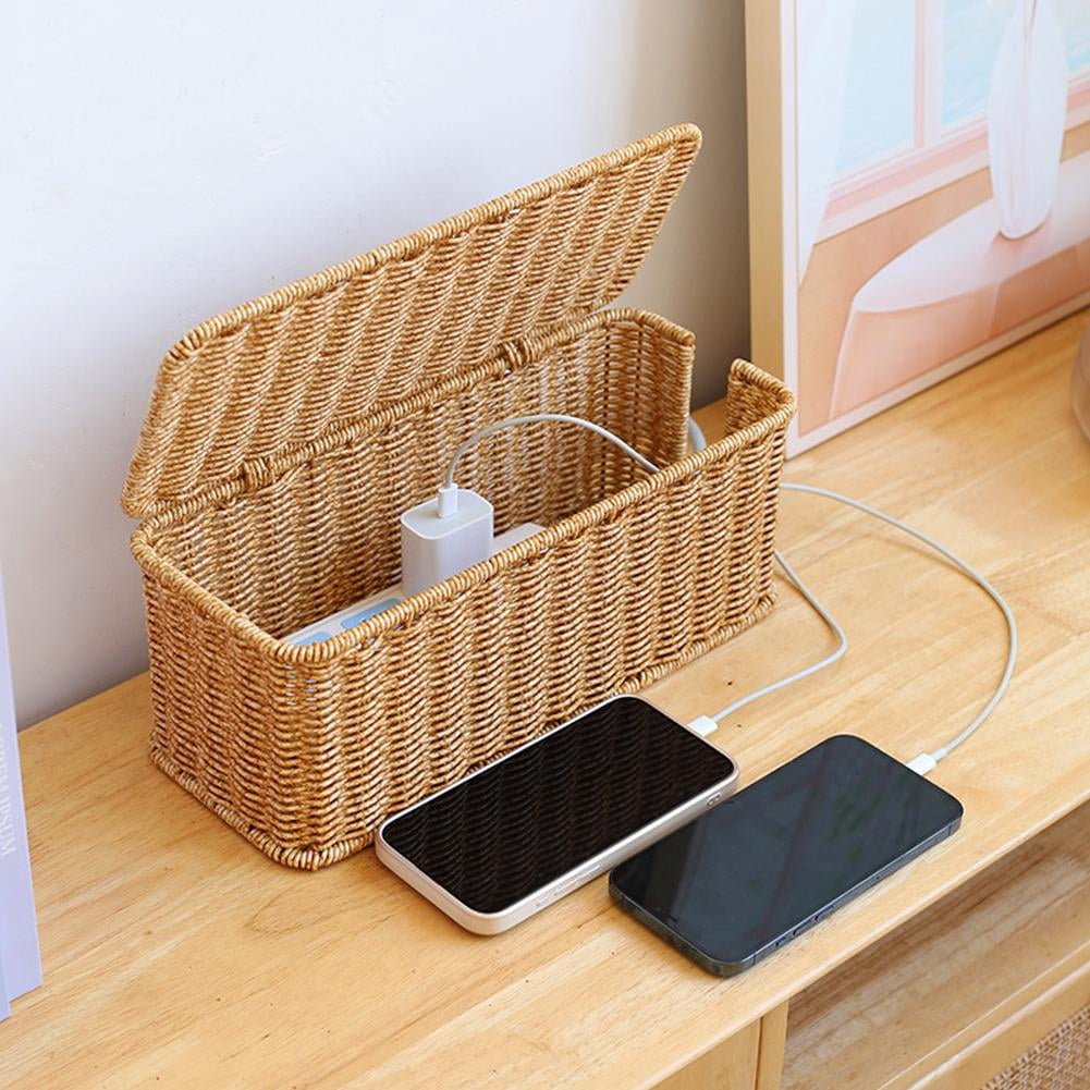 kkiuop Hand-Woven Charging Station Storage Box Cable Management Basket For USB Accessories Data Cables Cables Office Organizer